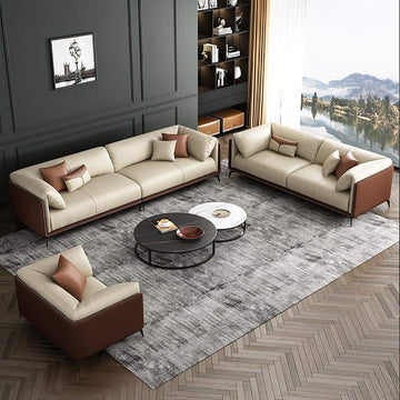 3 Pieces Living Room Set Microfiber Leather Upholstered Sofa in Brown & Beige-Furniture,Living Room Furniture,Living Room Sets